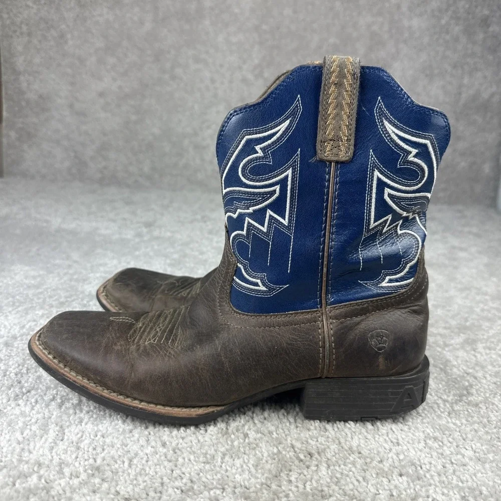 Ariat Cowboy Boots Kids Size 6 Brown Blue Square Toe Leather 10038333